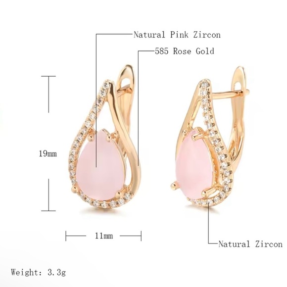 Pink Natural Zircon Water Drop Earrings For Women Luxury 585 Rose Gold - Picture 2 of 5